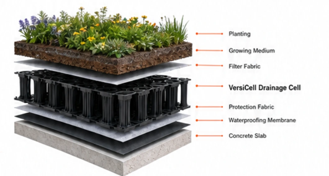 Exploded green roof build-up showing the VersiCell drainage layer