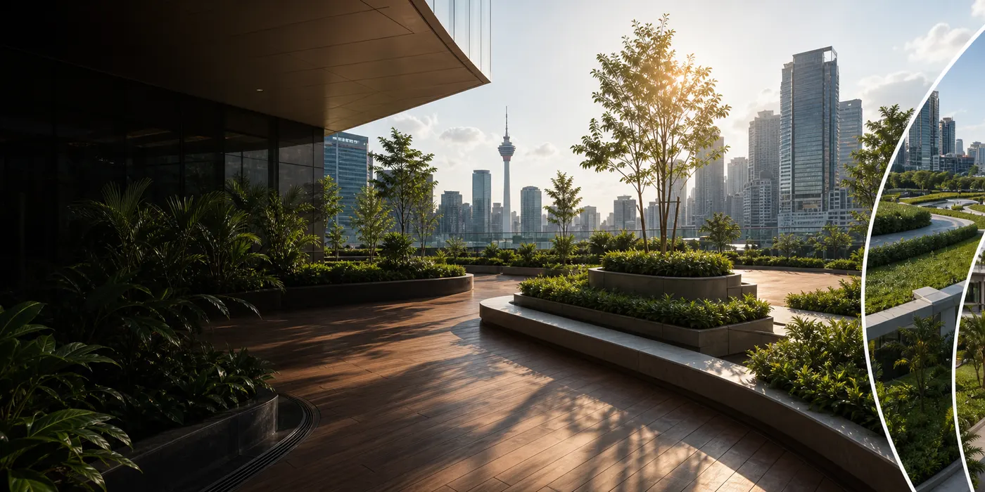 Landscaped podium with drainage and raised paving